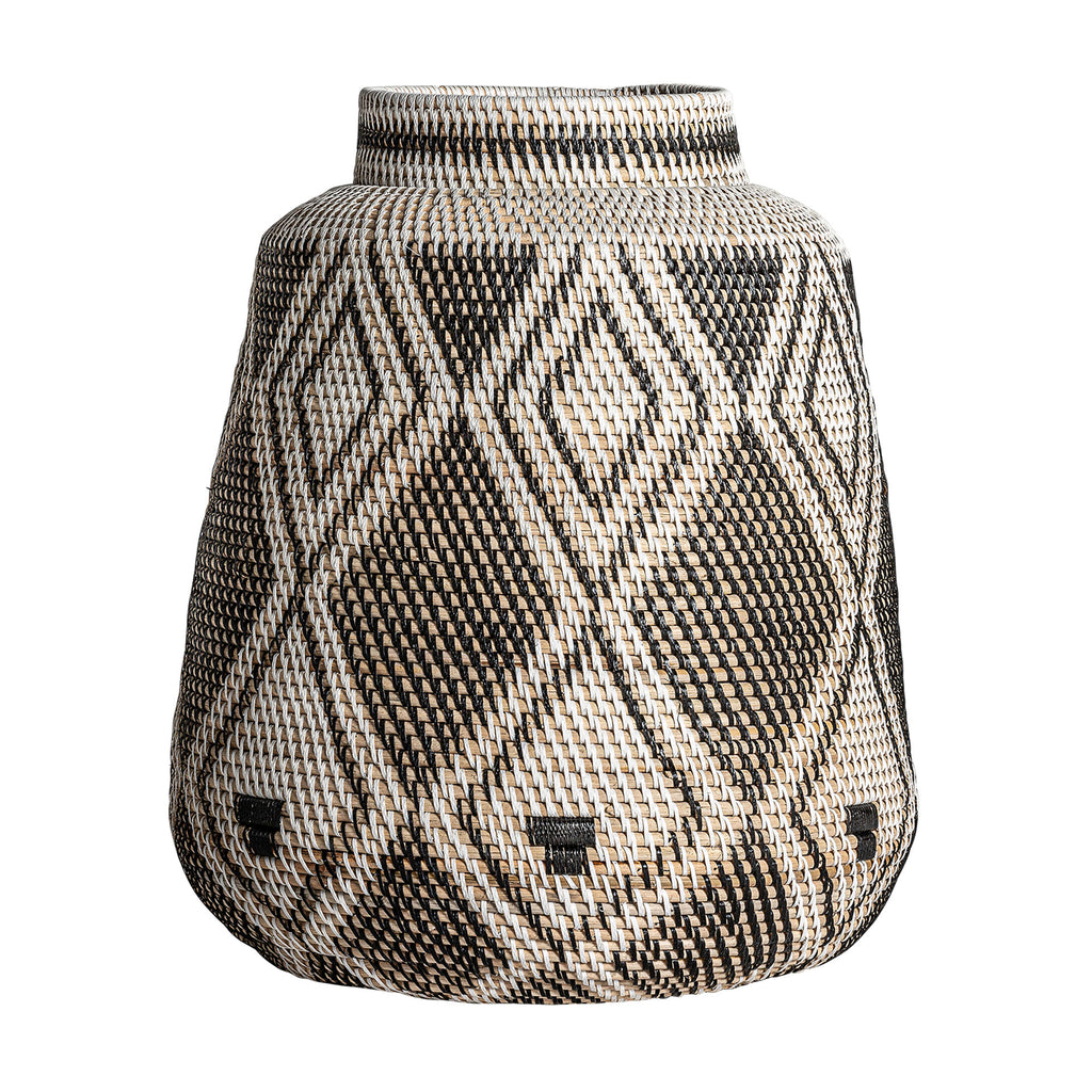 Boho Vase aus braunem Rattan, handgefertigt, organische Form, dekoratives Highlight für Wohnräume.
