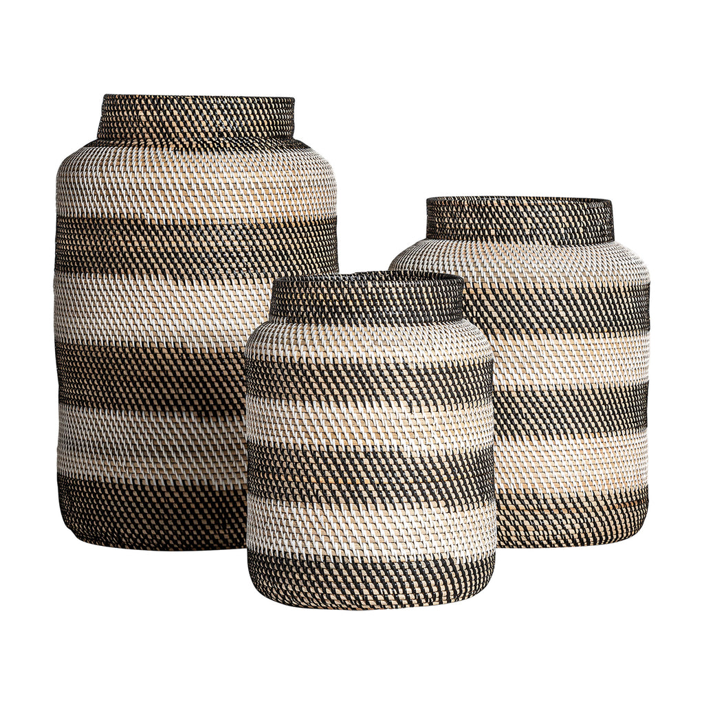 Dreiteiliges Boho Rattan Vasen-Set in Braun und Beige, handgefertigt, dekoratives Highlight für Zuhause.