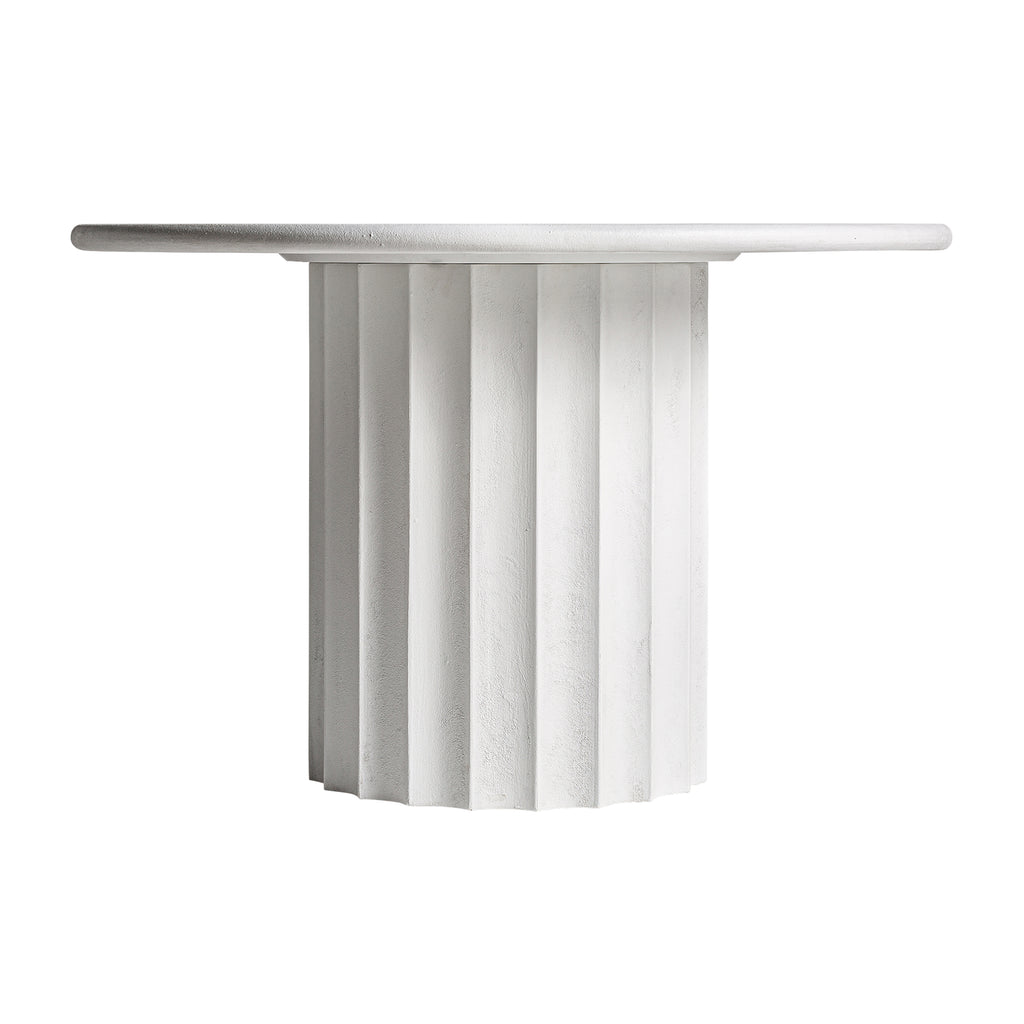 Runder Esstisch Weiß aus Harz mit raue Oberfläche, Contemporary Design, stilvoll für moderne Essbereiche.