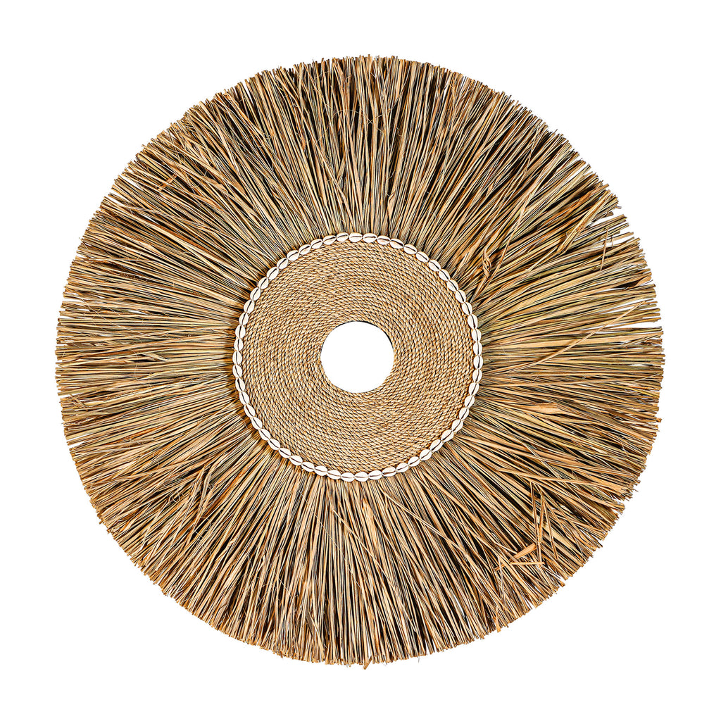 Rundes Wandpaneel aus braunen Naturfasern im Ethnic Design, handgefertigt.