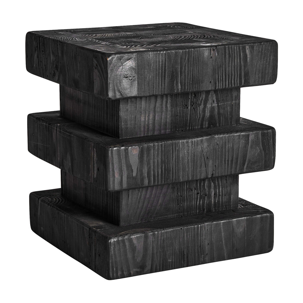 Hocker aus recyceltem Kiefernholz, schwarz, Art Deco Design, handgefertigt. 