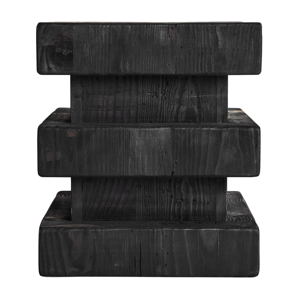 Hocker aus recyceltem Kiefernholz, schwarz, Art Deco Design, handgefertigt von VICAL