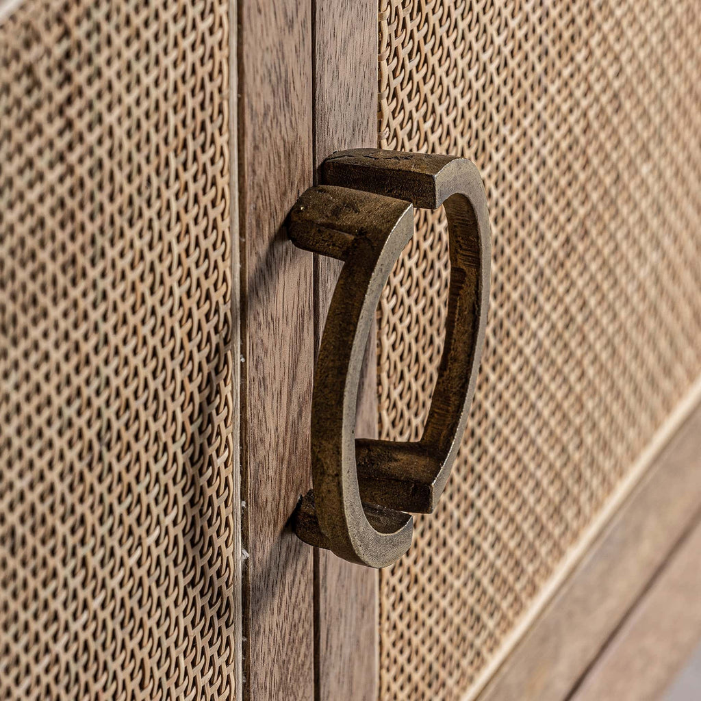 Handgefertigtes Nordisches Zweitüriges Sideboard aus Mangoholz mit Korbgeflecht