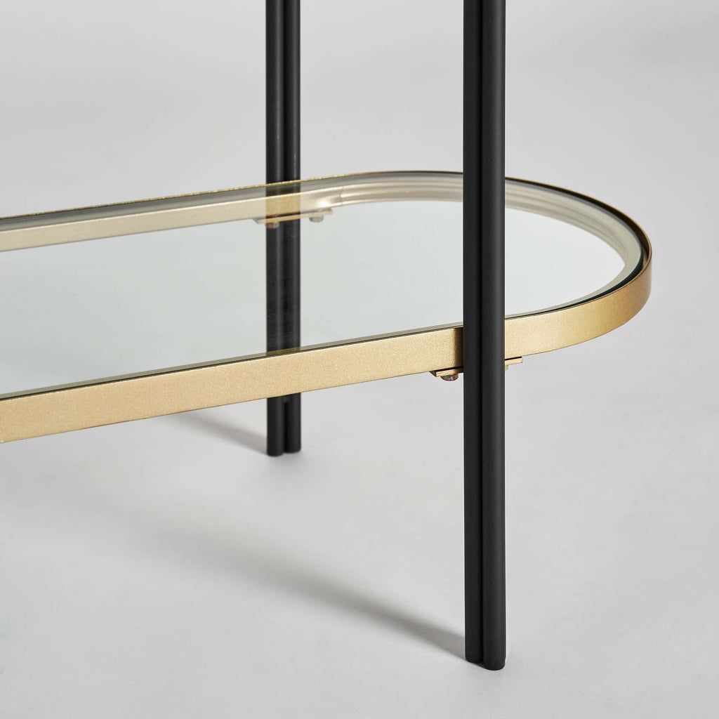 Ovaler Konsolentisch in Schwarz und Gold mit Kristallglas