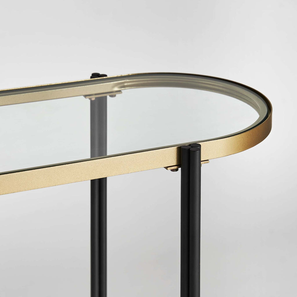 Ovaler Konsolentisch in Schwarz und Gold mit Kristallglas