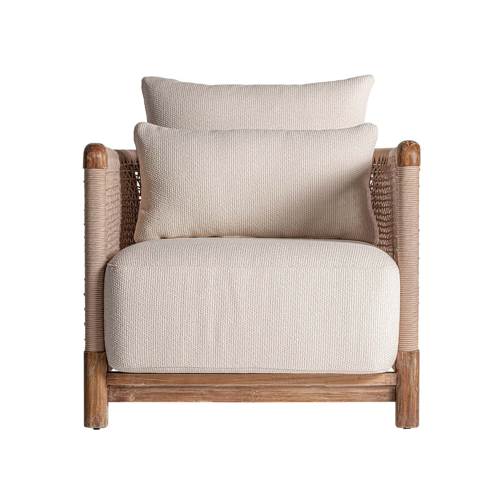 Beiger Outdoor Boho Sessel aus Holz mit Geflecht