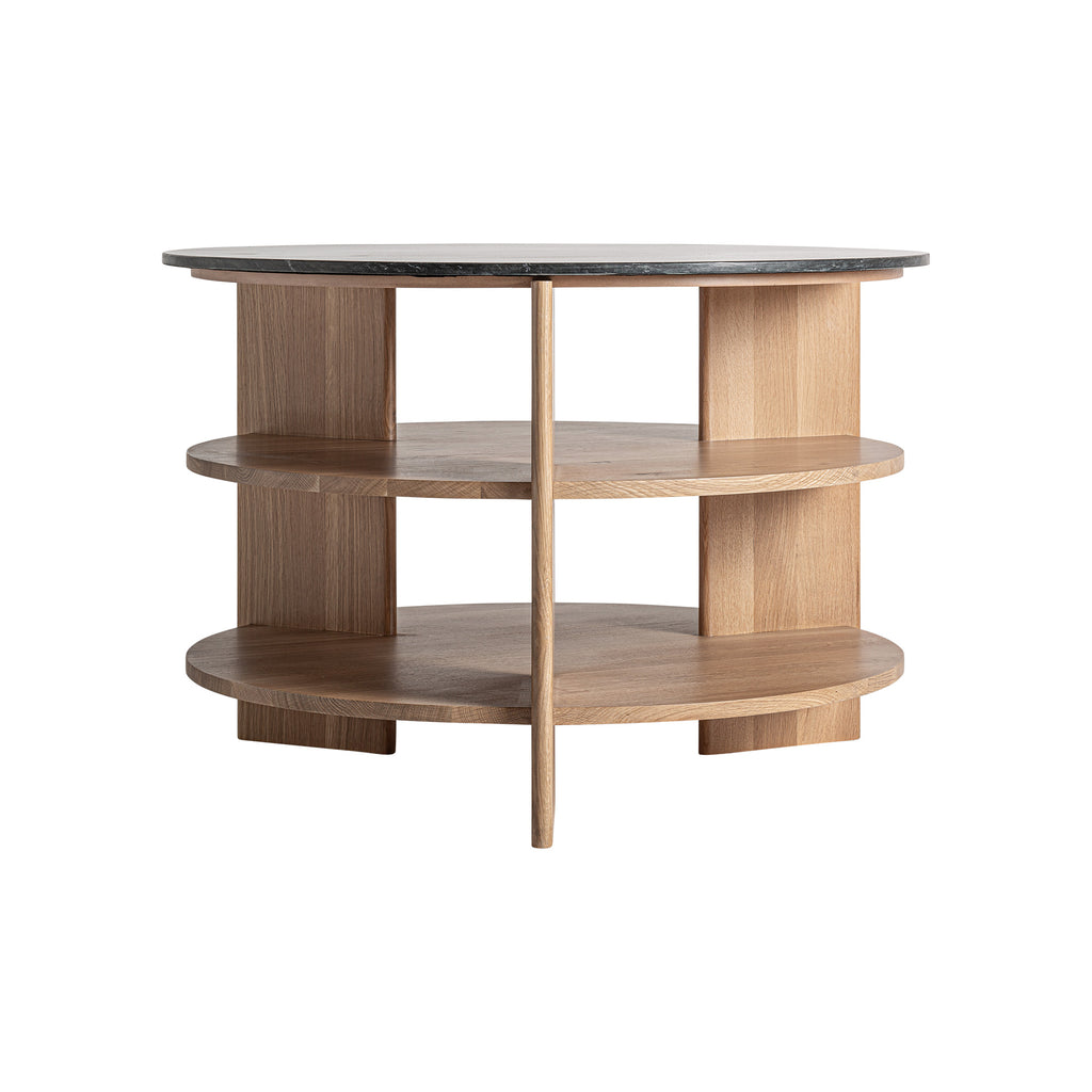 Beistelltisch Nara aus Eichenholz und Travertin im Contemporary Design, minimalistisch und elegant.