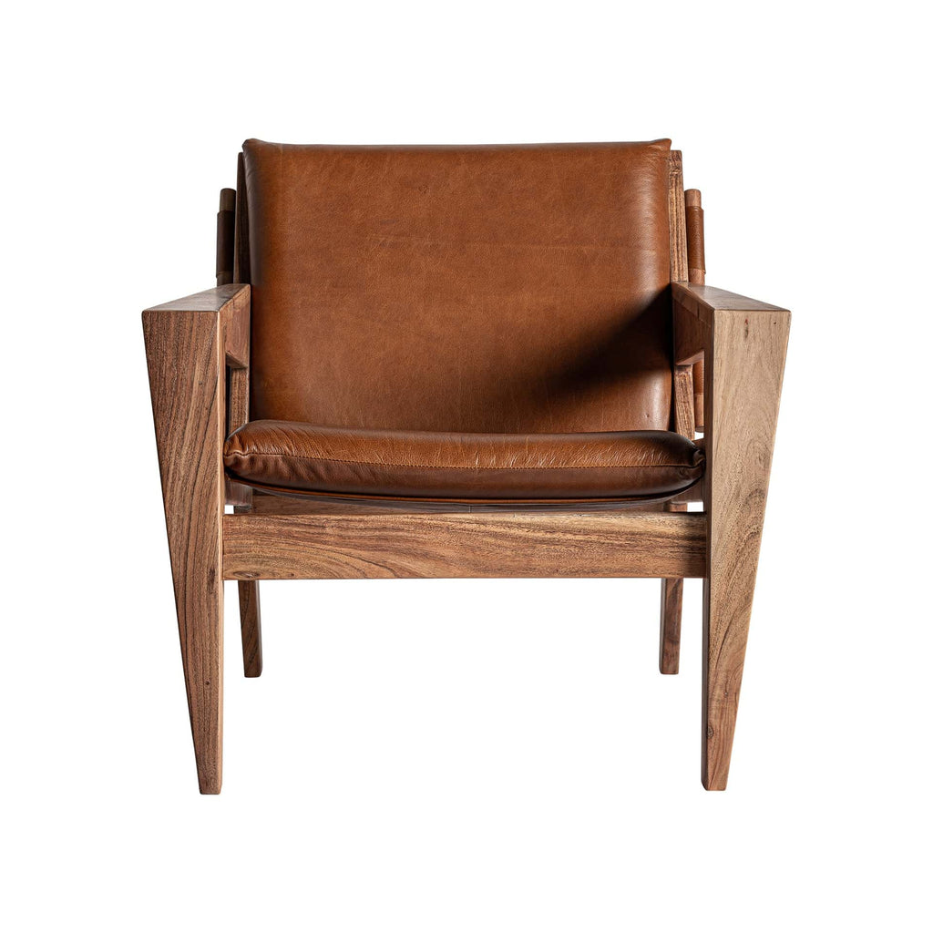 Sessel aus Braunem Leder und Akazienholz