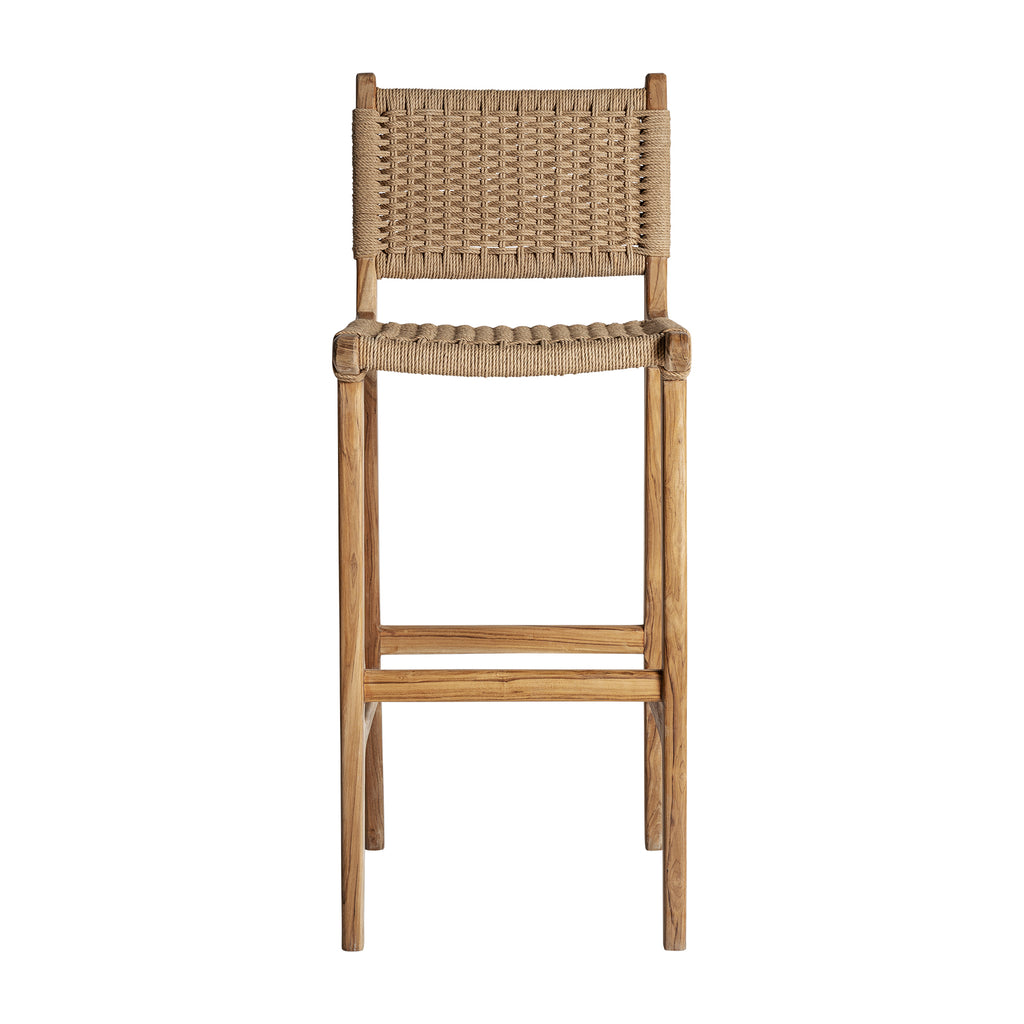 Barhocker aus Teakholz mit Sitz aus Naturfasern