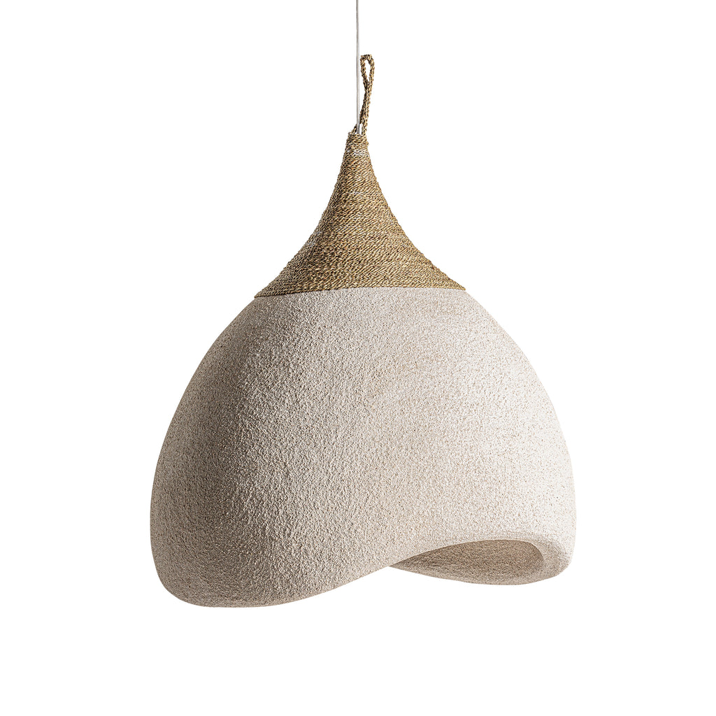 Handgefertigte Boho-Deckenleuchte aus cremefarbenem Harz mit rauer Oberfläche und sandfarbener Jute, Unikat