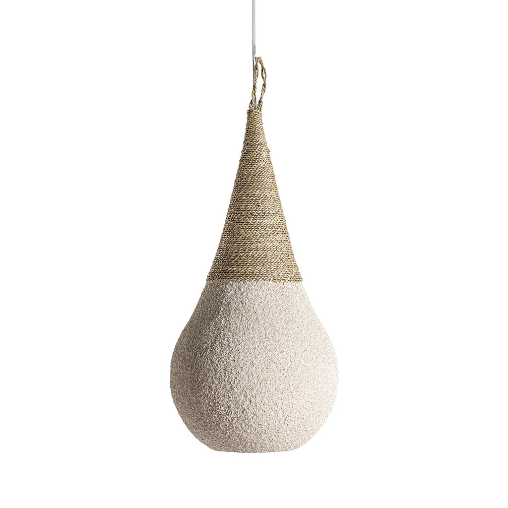 Handgefertigte Pendelleuchte aus cremefarbenem Harz und sandfarbener Jute, Boho Stil, Unikat
