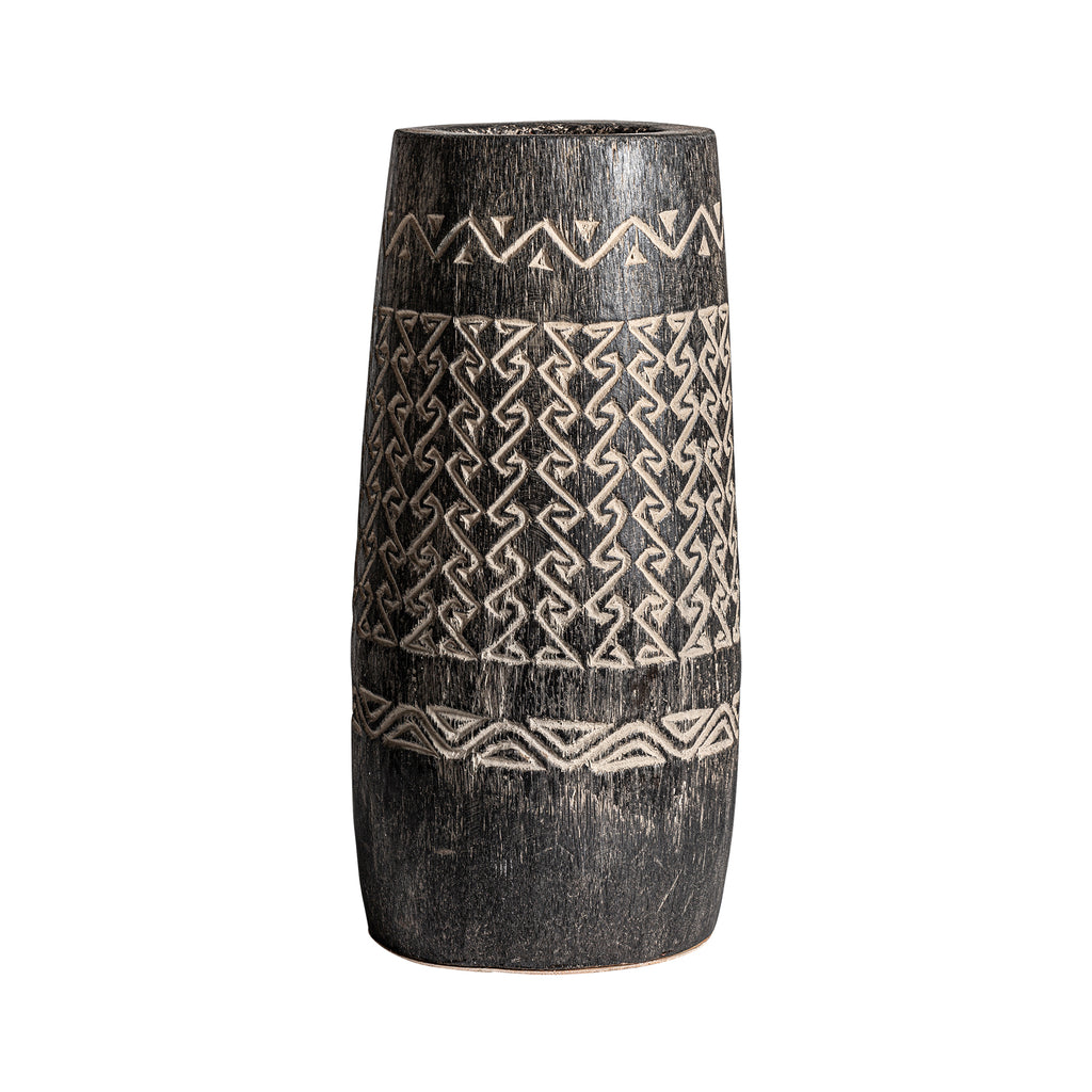 Boho Vase aus braunem Palmenholz mit feiner Schnitzerei – handgefertigtes Dekoobjekt.