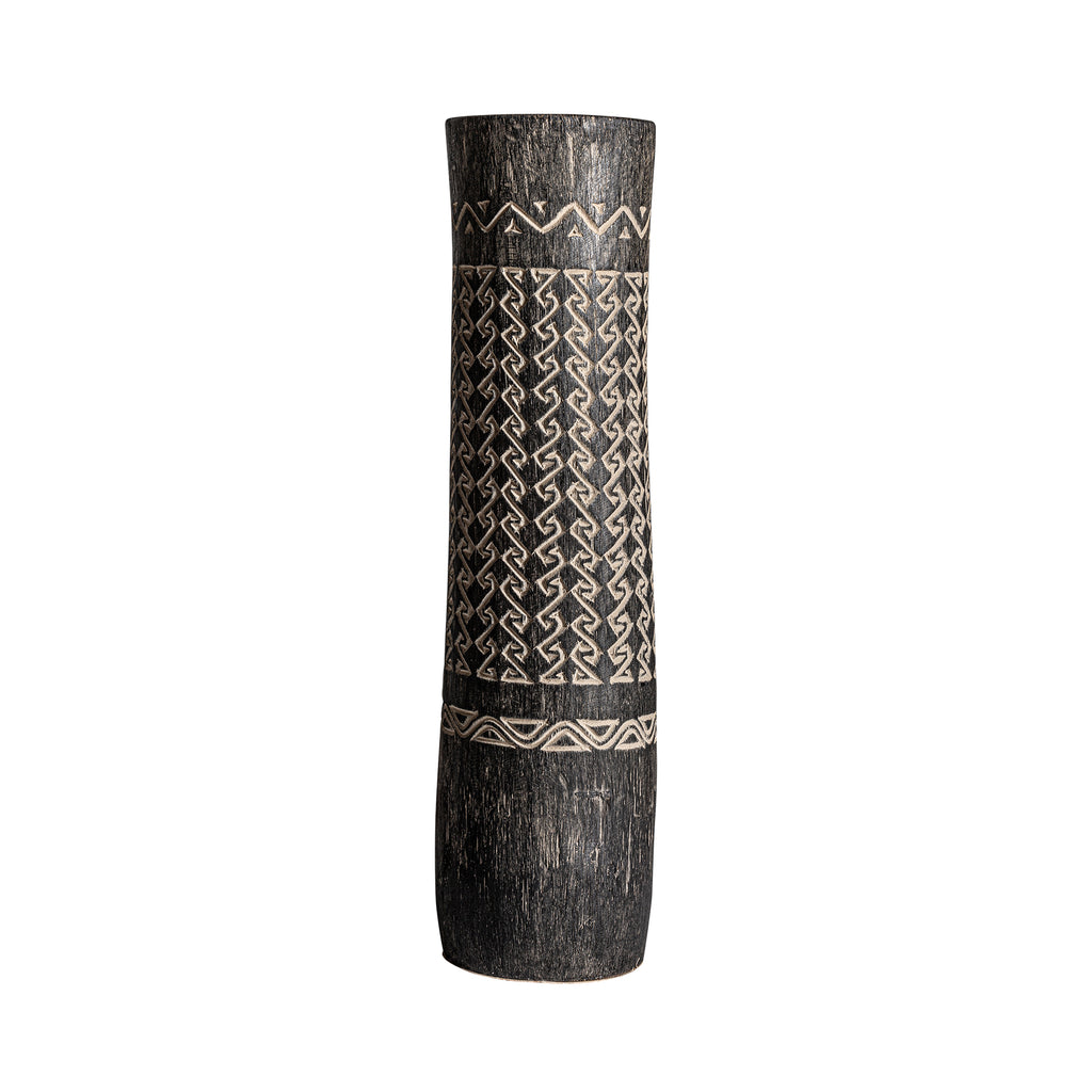 Boho Vase aus braunem Palmenholz mit Schnitzerei – handgefertigtes Dekoobjekt im Naturstil.

