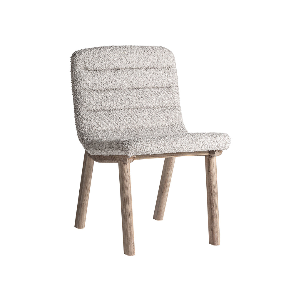 Beiger Polsterstuhl mit Holzrahmen, elegant und komfortabel
