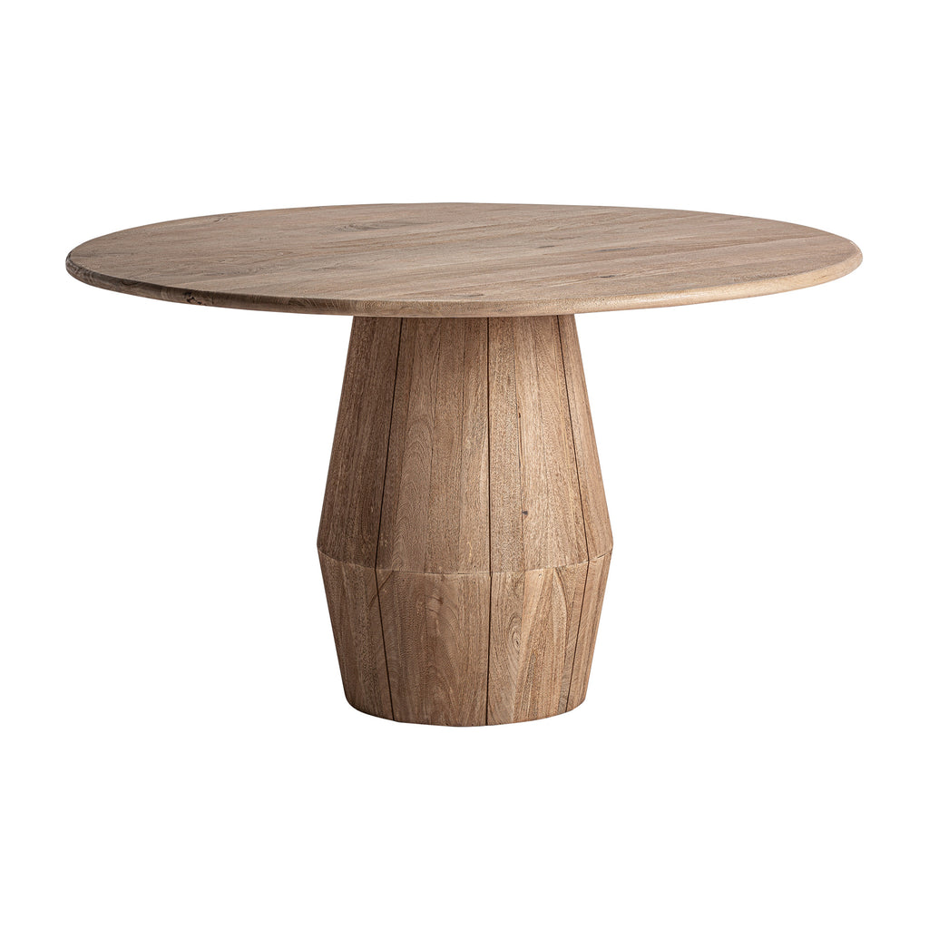 Esstisch aus hellem Mangoholz mit facettiertem Mittelbein, modern und handgefertigt. Vical 