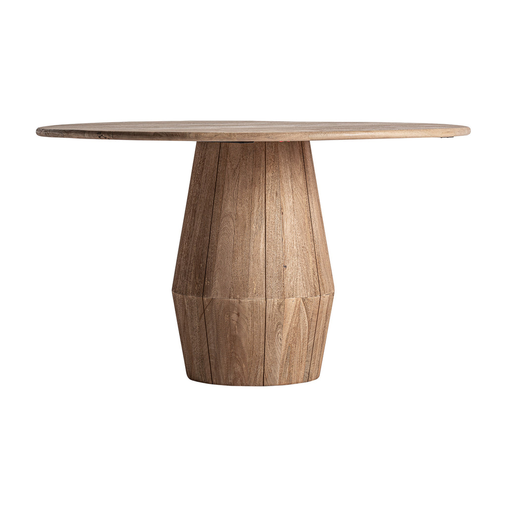 Esstisch aus hellem Mangoholz mit facettiertem Mittelbein, modern und handgefertigt