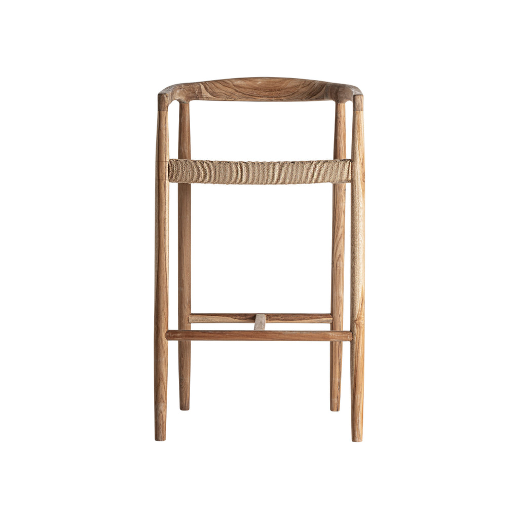 Barhocker mit Armlehnen aus Teakholz und Naturfasern 