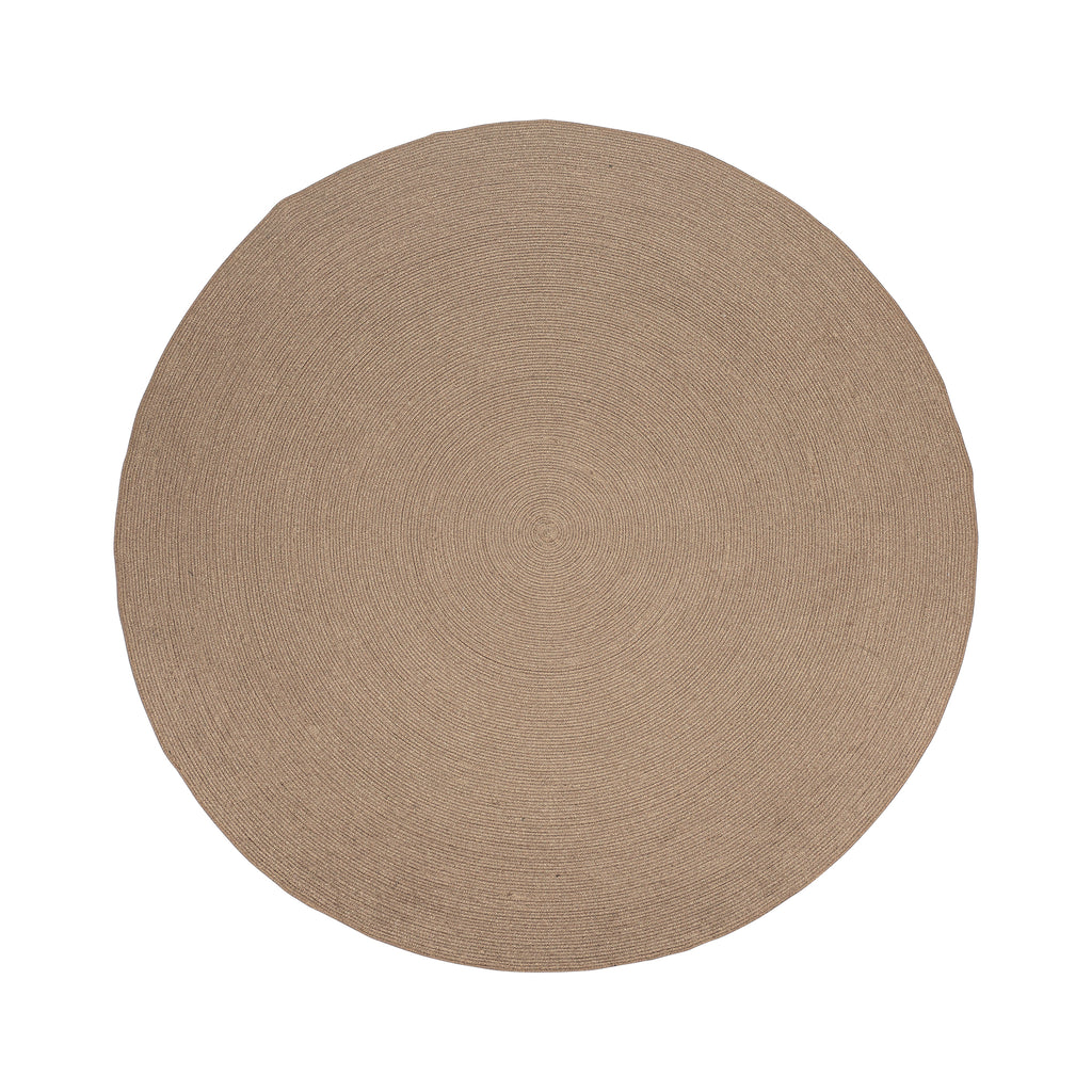 Runder Boho Teppich Sand, handgefertigt, weiche Textur, neutraler Stil für Wohnzimmer.