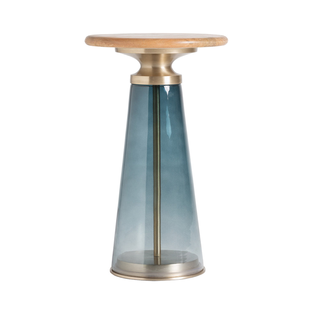 Beistelltisch mit blauem Glassockel, naturbelassener Holzplatte und goldenen Details im Art Deco Stil