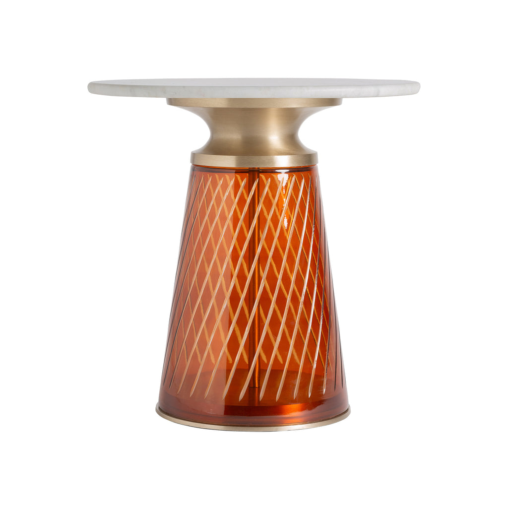 Beistelltisch aus Bernstein-Glas mit weißer Marmorplatte und goldenen Details im Art Deco Stil

