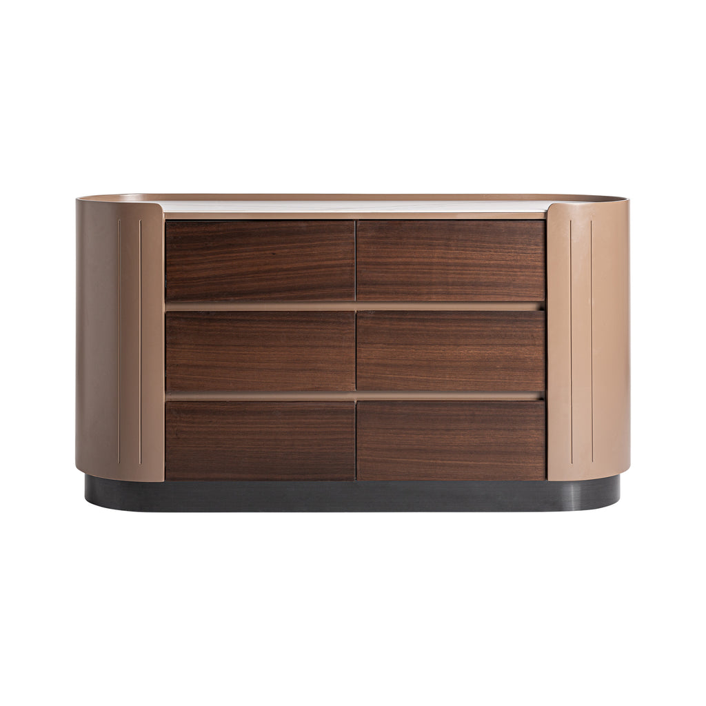 Moderne braune Kommode mit Schubladen aus Eukalyptusfurnier und Sinterstein