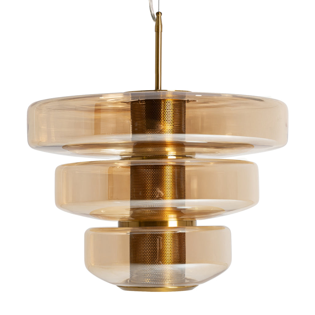 Art Deco Deckenleuchte aus bernsteinfarbenem Kristallglas mit goldfarbenem Eisen. 