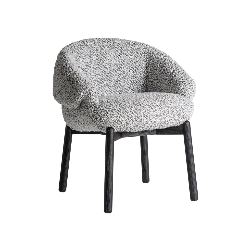Designer Esszimmerstuhl Jacquard Schwarz-Grau mit Ulmenholzgestell und gepolsterter Sitzfläche.