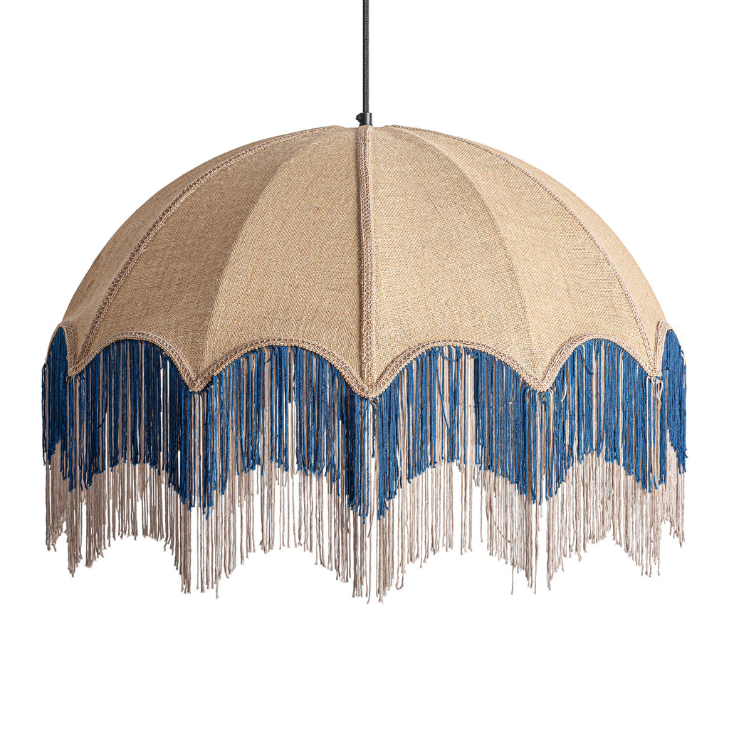 Boho Deckenleuchte aus Jute mit Fransen in Beige und Blau, handgefertigt