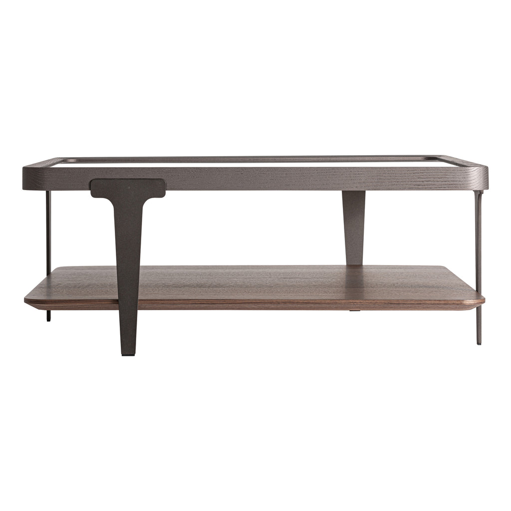 Couchtisch aus Eschenholz mit Rauchglas und Eisen, elegant und modern