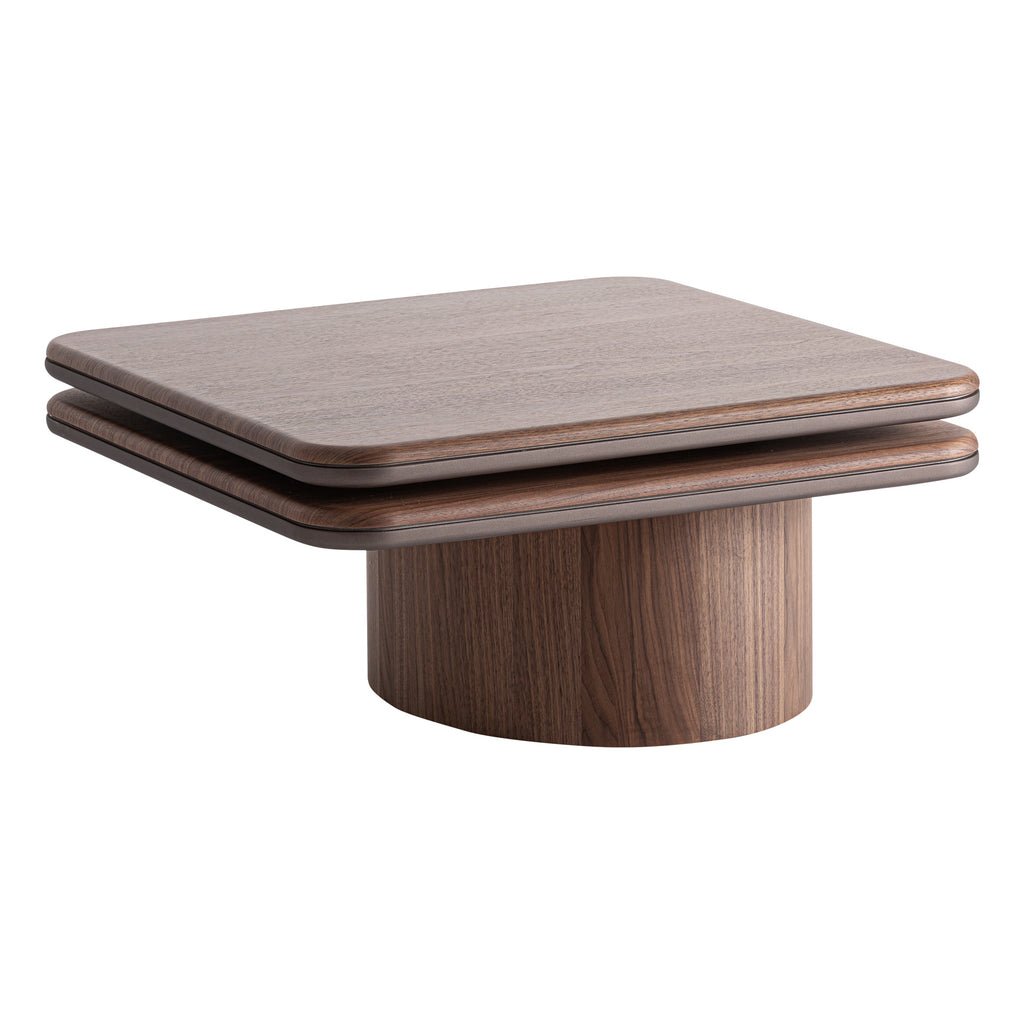 Moderner Couchtisch aus Nussbaumfurnier mit braunem Eisengestell und drehbarer Tischplatte, Contemporary Stil