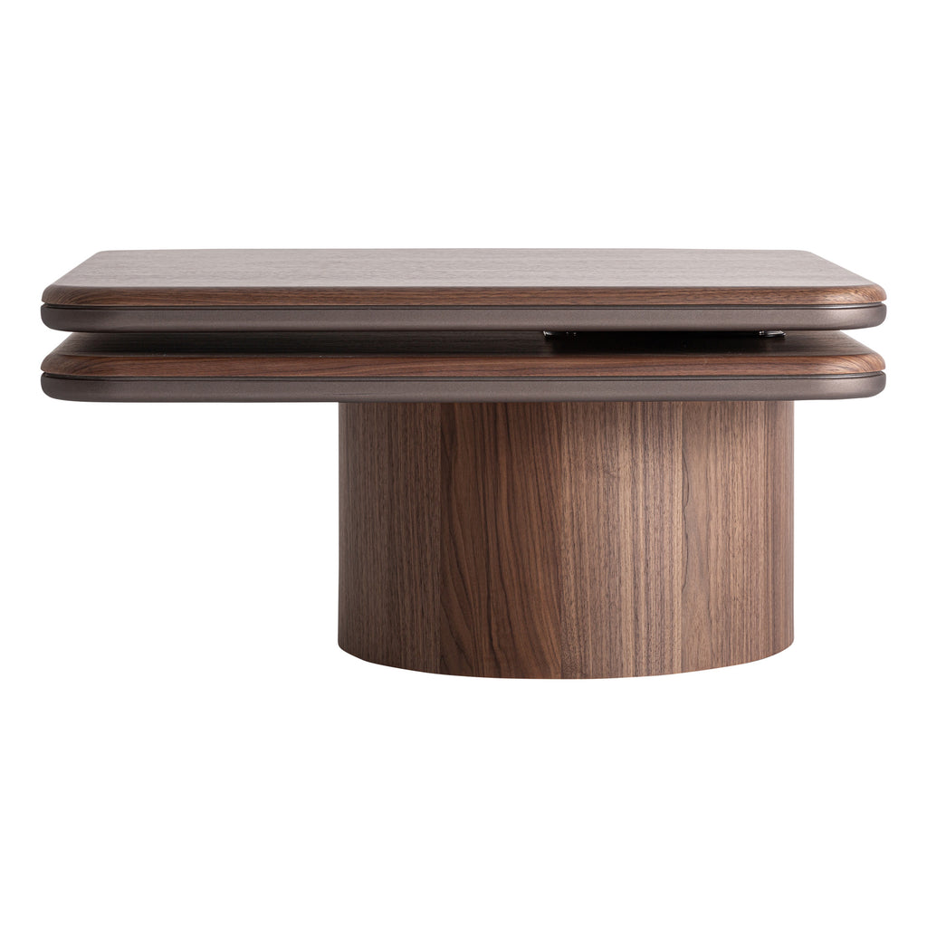 Moderner Couchtisch aus Nussbaumfurnier mit braunem Eisengestell, drehbare Tischplatte, Contemporary Stil