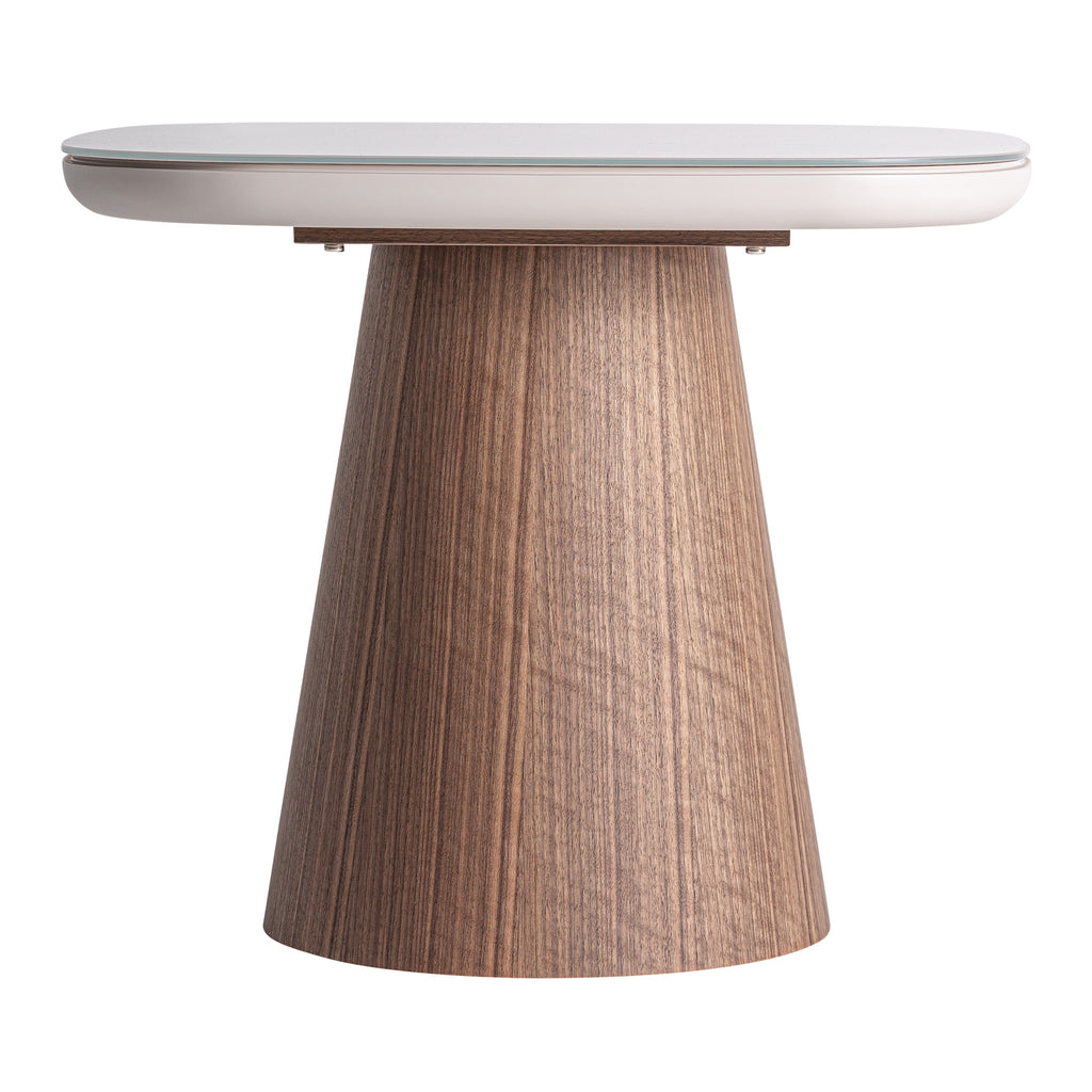 Moderner runder Beistelltisch aus Eschenholz mit gehärteter Kristallglasplatte, Braun/Beige