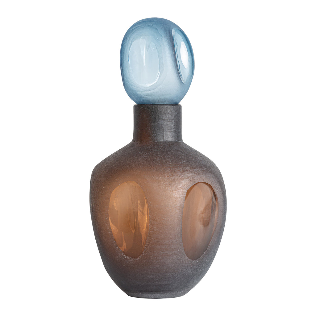 Handgefertigte Contemporary Dekovase aus Glas in Braun mit blauem Deckel, dekoratives Highlight für Wohnräume.