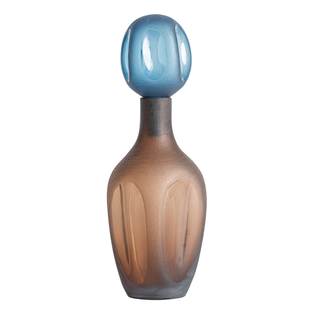 Handgefertigte Contemporary Dekovase aus Glas in Braun mit blauem Deckel für stilvolle Wohnraumdekoration.