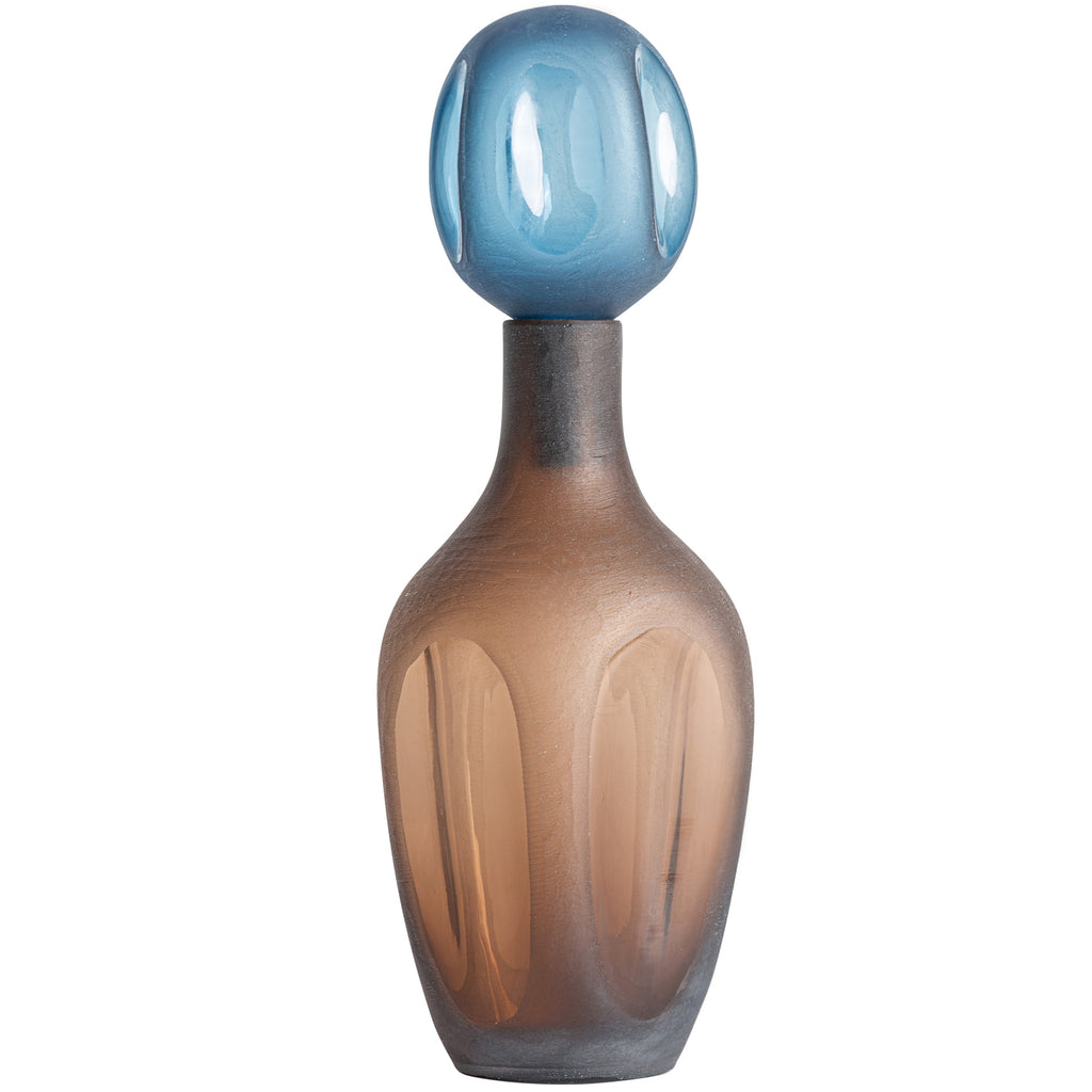 Handgefertigte Contemporary Dekovase aus Glas in Braun mit blauem Deckel, dekoratives Highlight für Wohnräume.