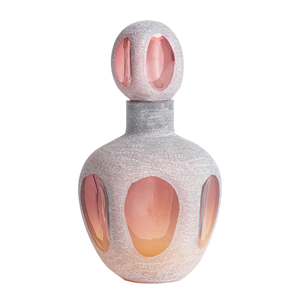 Handgefertigte Contemporary Dekovase aus Glas in Rosa mit Deckel, dekoratives Highlight für Wohnräume.