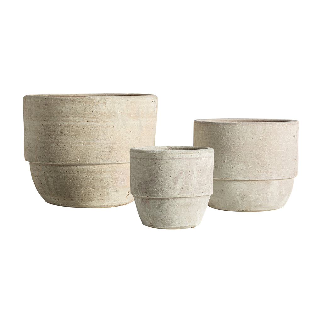 3er Set cremefarbene Pflanztöpfe aus Ton im klassischen Stil mit Distressed Finish