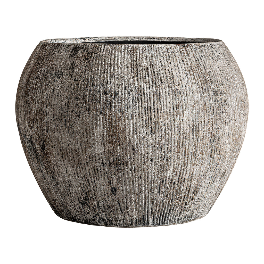 Blumentopf aus Stahlbeton in Grau mit Abflussloch, handgefertigtes Unikat im klassischen Stil mit Antik-Finish