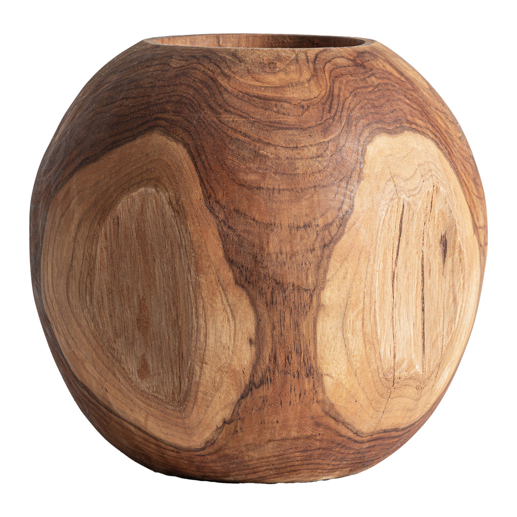 Runde Vase aus braunem Teakholz, handgefertigt im Ethnic Design.