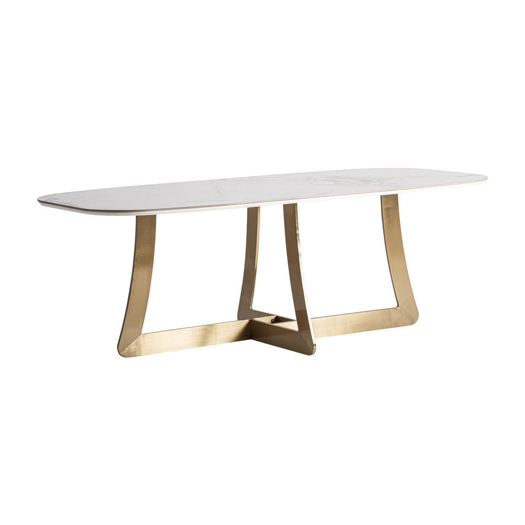 Art Deco Esstisch mit weißer Keramikplatte und goldenen Akzenten