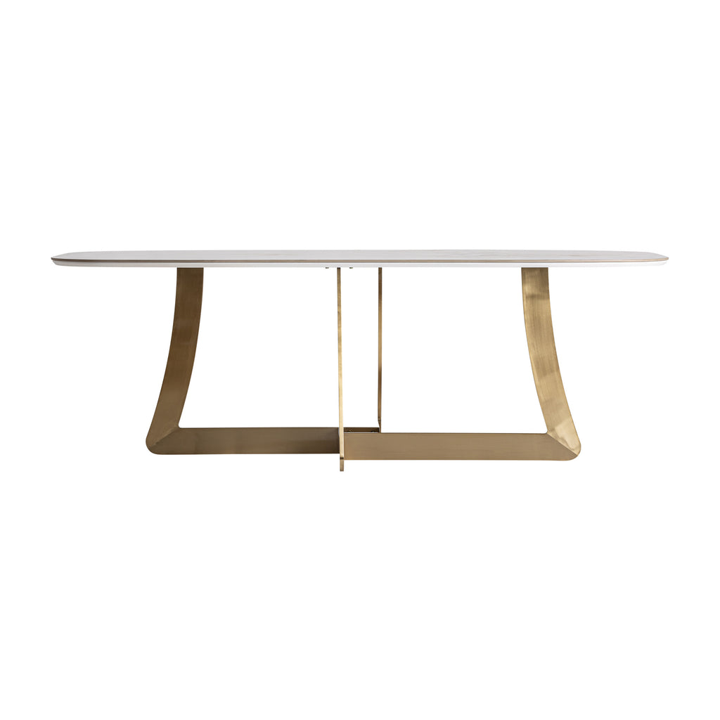 Art Deco Esstisch mit weißer Keramikplatte und goldenen Akzenten