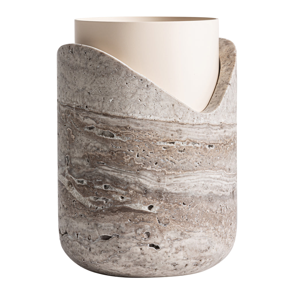 Vase aus beigefarbenem Marmor mit cremefarbenem Stahl im Art Deco Design. 