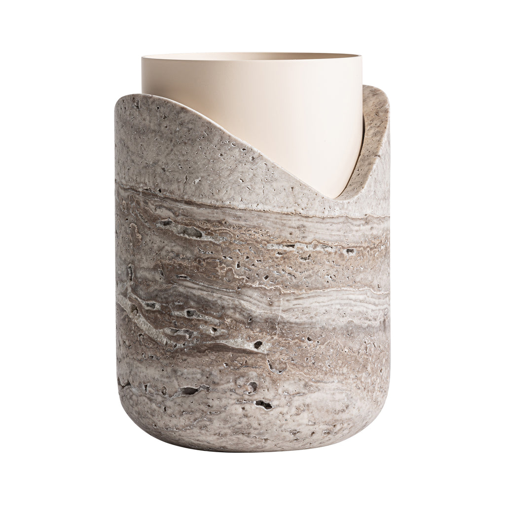 Art Deco Vase aus beigefarbenem Marmor mit cremefarbenem Stahl