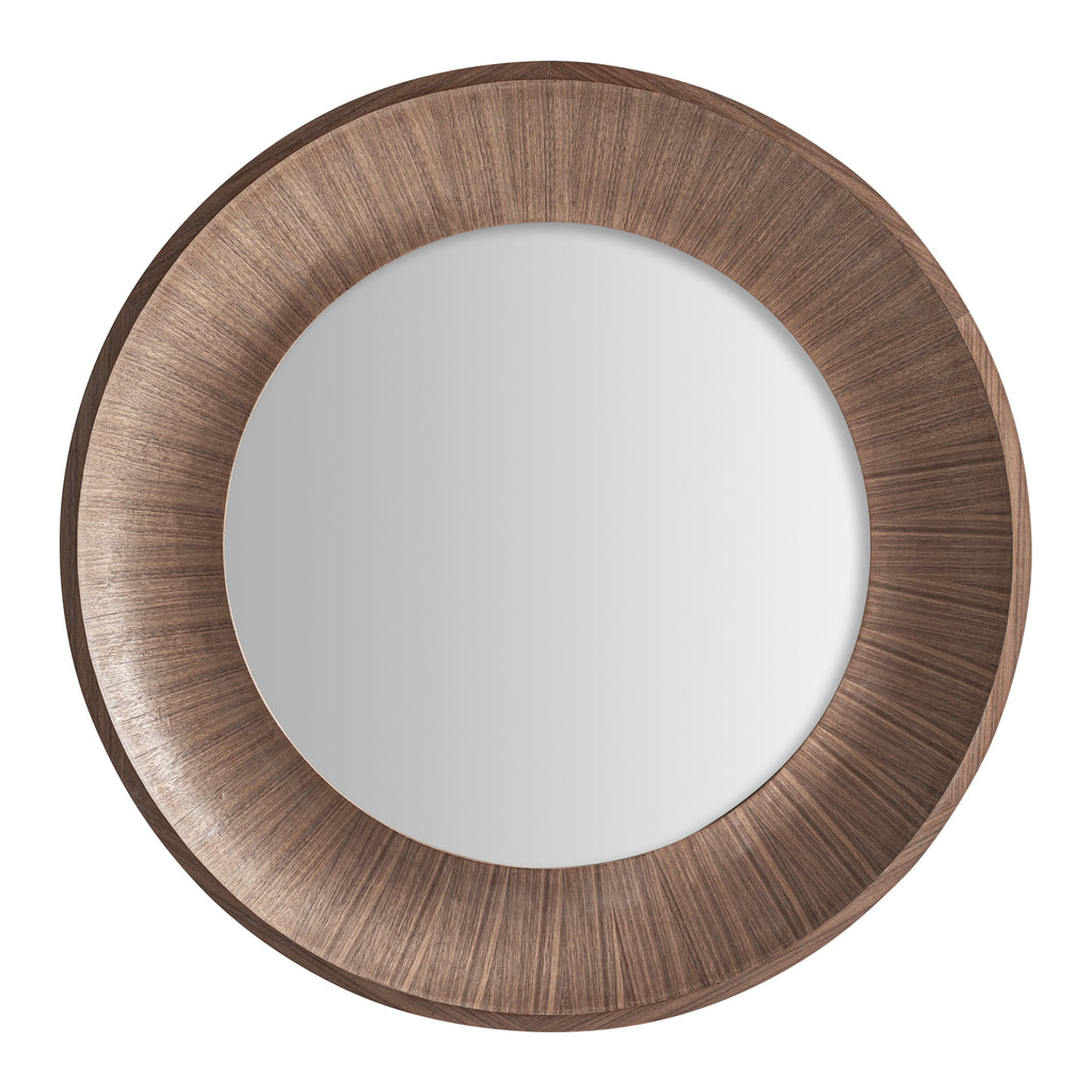 Runder Wandspiegel aus hellbraunem Walnussholz mit geriffeltem Contemporary Rahmen