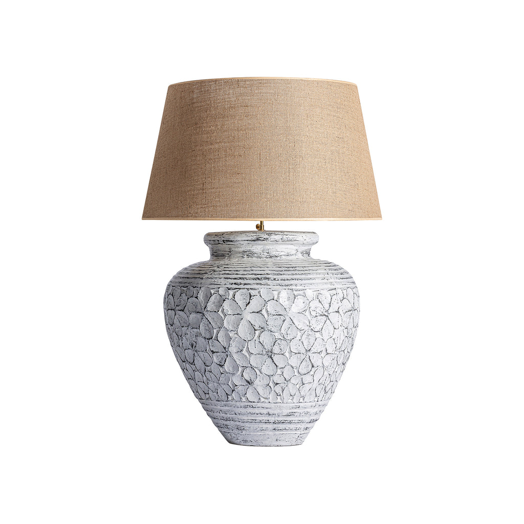 Klassische Tischlampe aus Terrakotta in Off White mit braunem Juteschirm

