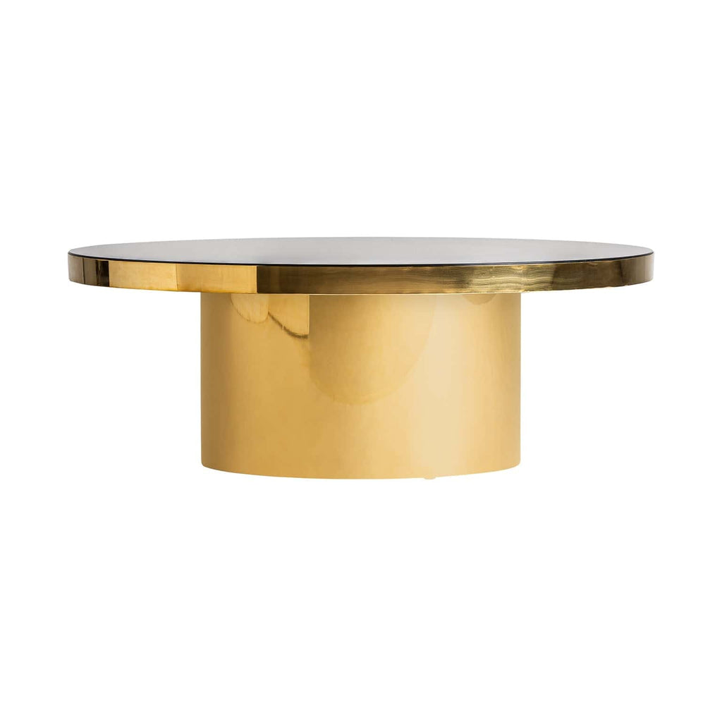Runder Couchtisch in Gold kombiniert mit einer dekorativen Glasplatte 