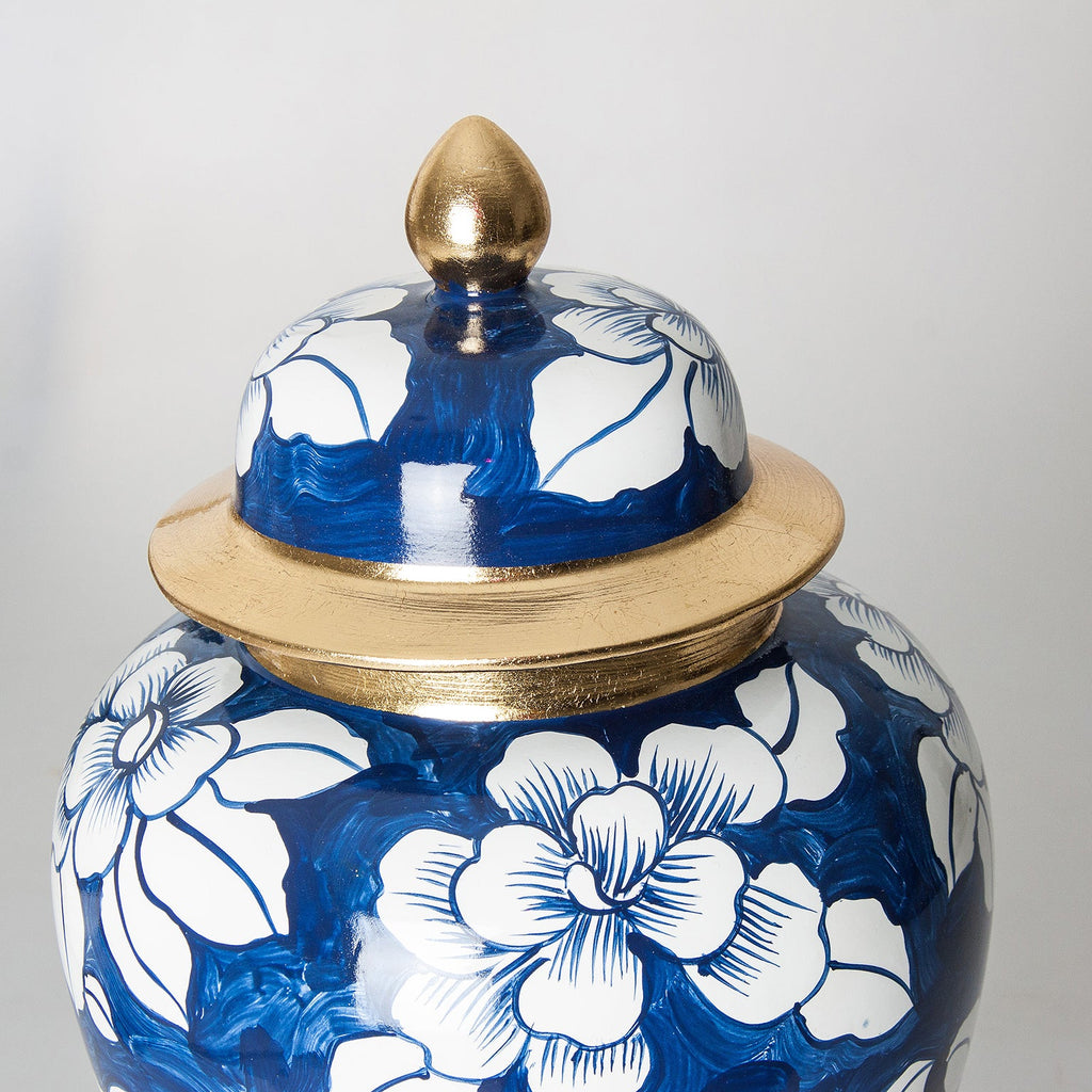 Blaue Keramikvase – mit Deckel Maison und weissen Oudh Blumenmotiven