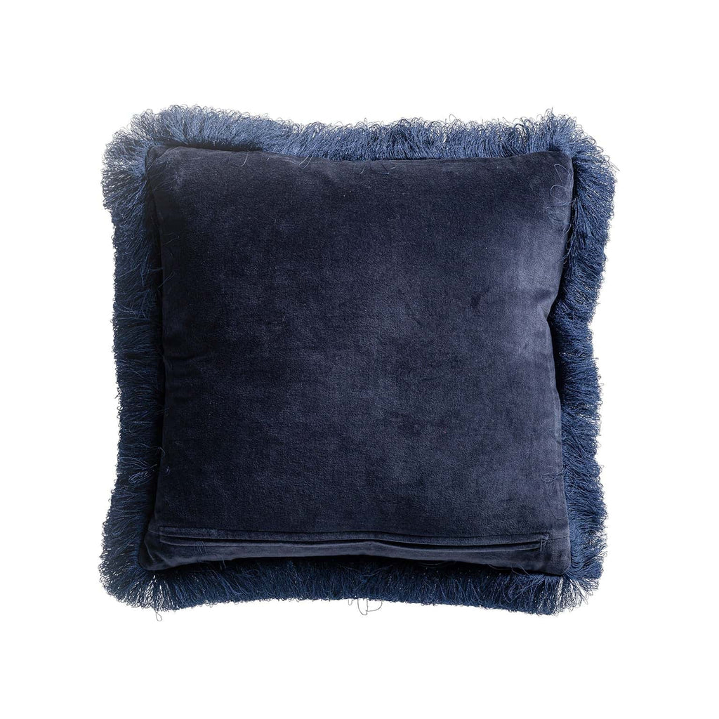 Blaues Samtkissen mit Fransen - Maison Oudh
