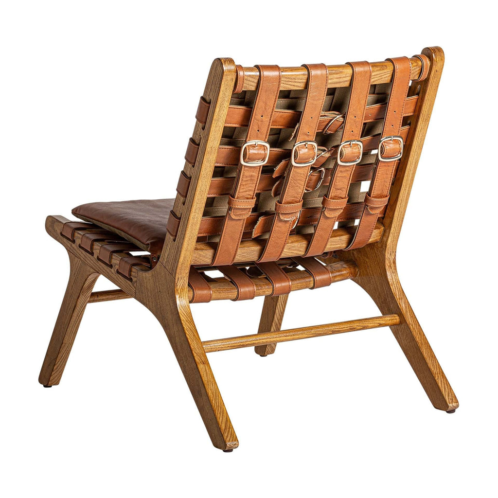 Brauner Leder Sessel mit Geflecht und abnehmbaren Kissen - Maison Oudh