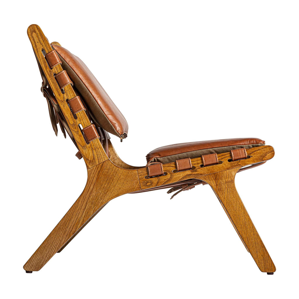Brauner Leder Sessel mit Geflecht und abnehmbaren Kissen - Maison Oudh